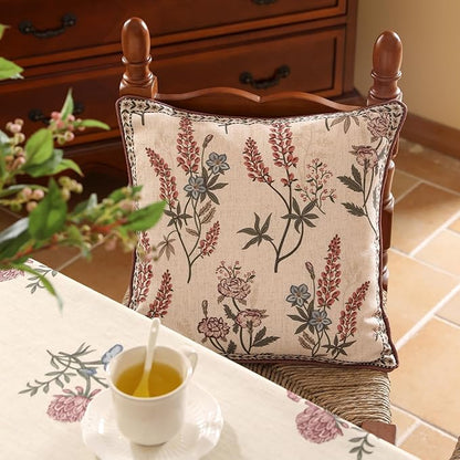 ISAENNE Design Linen Vintage Throw Pillow Covers 18"x18" Pack of 2, Square Cushion Covers with Blue Pink Flowers Green Leaves Pattern Decoration Pillowcases for Bed,Living Room,Outdoor,Car