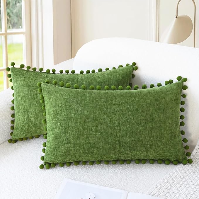 CaliTime Throw Pillow Covers Decorative 20 X 12 Inches Pack of 2 Cozy Solid Dyed Soft Chenille Cushion Cases with Pom Poms for Couch Sofa Bed Living Room Home Forest Green