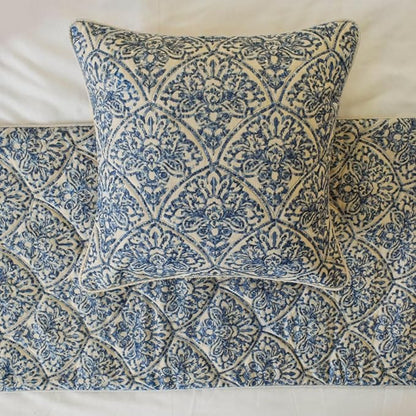 The HomeCentric King/Queen/Twin Blue Designer Twin 53"x18" Bed Runner with Pillow Cover, Embroidery, Quilted Bed Scarf on Cotton Fabric - Farzeen Blue