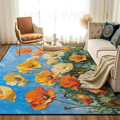 9CH Abstract Poppy Area Rug 7' X 5' Orange Yellow Poppies Rugs Non-Slip & Easy Care Flower Carpet for Living Room Kitchen Farmhouse Dorm Home Decor