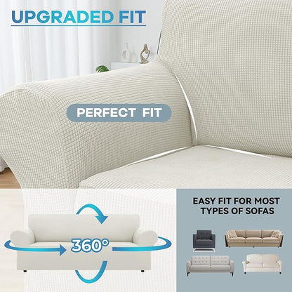 LURKA Stretch Sofa Slipcovers 1 Piece Couch Covers for 3 Cushion Couch Sofa Furniture Protector Full Sofa Covers with Elastic Bottom for Kids and Dog (Large, Ivory)