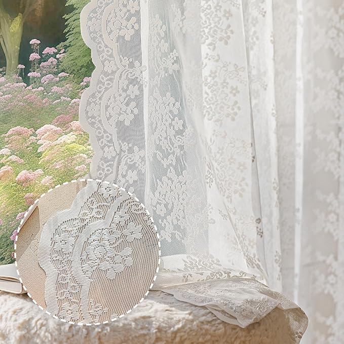 Anmao Vintage White Lace Curtains 54 Inches Long 2 Panels Set, Romantic Elegant Light Filtering Semi Sheer Floral Thick Lacy Curtain Drapes for Living Room and Bedroom, Each Panel 55W x 54L, Off White