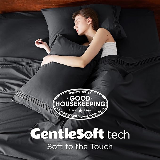 Bedsure Twin XL Sheets Dorm Bedding, GentleSoft Breathable Extra Long Twin Sheets & Pillowcases, Moisture Wicking Cooling, Deep Pocket Fits Mattress Up to 21 Inches Thick, Black