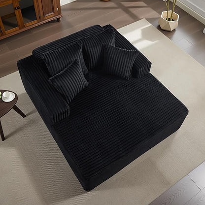 61" Oversized Chaise Lounge Chair Indoor, Boneless Couch Cloud Fluffy Chaise Lounges Corduroy Upholstered Sofa Bed w/Throw Pillows for Living Room Home Black