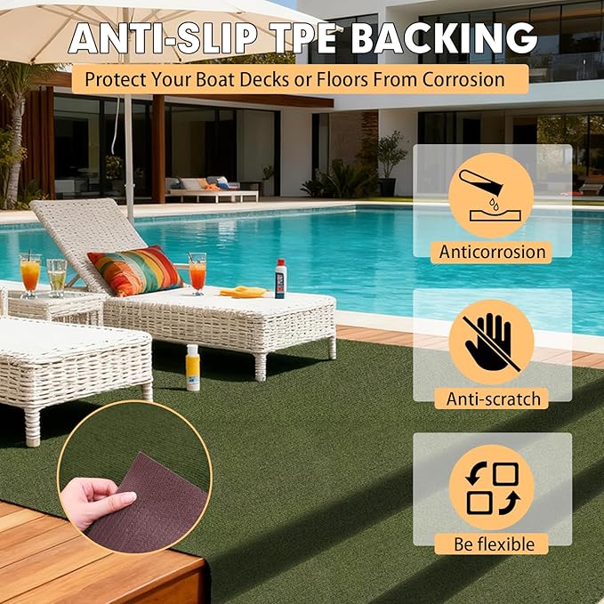 Marine Carpet,5 FT x 10 FT Olive Green Indoor Outdoor Carpet 0.2" Thick with Water-Proof TPE Backing, Non-Slide for Home, Patio, Porch, Deck