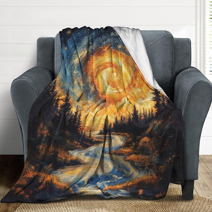 Magic Forest Blanket, Abstract Art Oil Painting Dreamworld River Jungle Sunset Pattern Soft Warm Cozy Plush Flannel Covers for Livingroom Bedroom Couch Chair Camping Travel Home Decor Tapestry 50x60in
