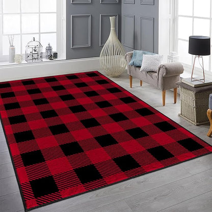 9CH Red Black Buffalo Plaid Rug 7' x 5', Christmas Faux Wool Area Rugs Non-Slip, Red Buffalo Check Rugs Carpet for Kitchen Living Room Bedroom