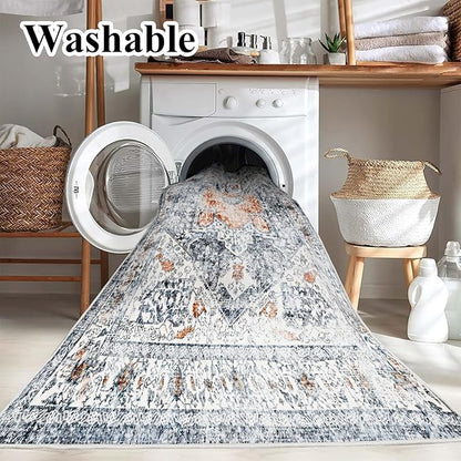 Area Rug 4x6 Washable Vintage Cover Foldable Thin Retro Accent Indoor Distressed Non Slip Carpet Floral Print Mat Bedroom Living Room Bathroom