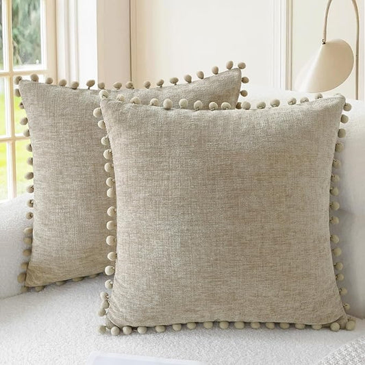 CaliTime Throw Pillow Covers Decorative 22 X 22 Inches Pack of 2 Cozy Solid Dyed Soft Chenille Cushion Cases with Pom Poms for Couch Sofa Bed Living Room Home Taupe