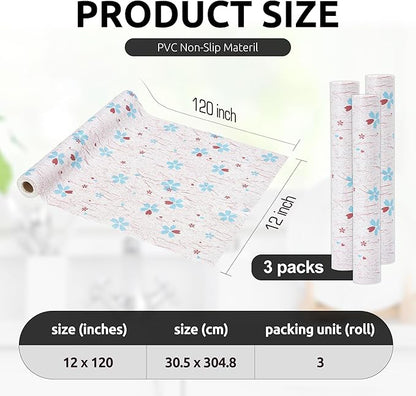 RAY STAR 12X120 Inch Shelf Liner for Kitchen Cabinets, Non-Adhesive Cabinet Liner Washable, PVC Drawer Liner for Dresser Non-Slip Bathroom (Blue-Floral)(3 Roll)