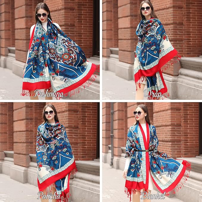 DANA XU 100% Merino Wool Extra Large Pashmina Blanket Travel Scarf Cashmere Wrap for Women Fall Winter Oversize Shawl Floral