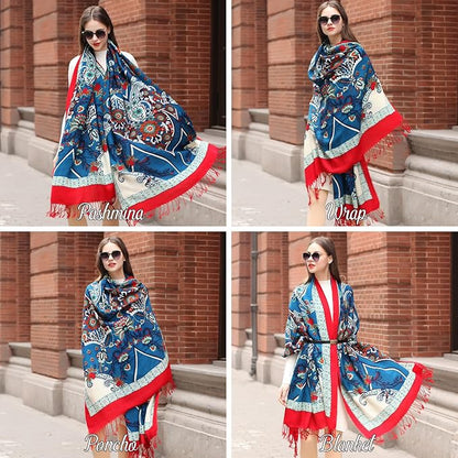 DANA XU 100% Merino Wool Extra Large Pashmina Blanket Travel Scarf Cashmere Wrap for Women Fall Winter Oversize Shawl Floral