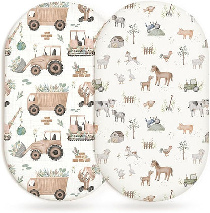 Bassinet Sheets for Baby Girls Boys 2 Pack, Fitted Baby Mattress Sheet for Rectangle, Oval, Hourglass Bassinet Mattress, Breathable Cozy & Universal Fit (Little Farm)