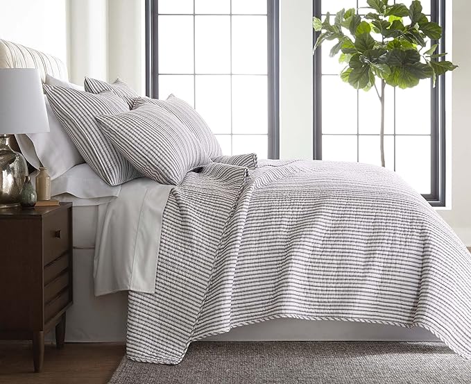 Levtex Home Tobago Stripe Charcoal Reversible King/Cal King Quilt Set (106x92in) and 2 Pillow Shams (36x20in) - Striped - Charcoal - Cotton King Size Quilt Bedding Set - Lightweight Soft Pre-Washed