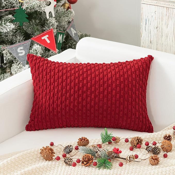 Kevin Textile 12x24 Inch Pillow Cover 1 Pack Boho Christmas Decorative Soft Striped Corduroy Lumbar Farmhouse Color Accent Rectangle Cushion Case for Living Room Couch Sofa Bed, Red