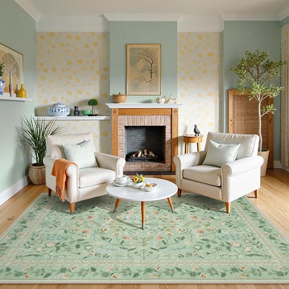 Lahome Floral 9 x 12 Area Rugs for Living Room, Green Non-Slip Untra-Thin Washable Dining Room Rug, Vintage Botanical Print Low-Pile Soft Carpet for Bedroom Office, Sage