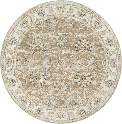 jinchan Fiora Round Rug 7ft Area Rug - Taupe Vintage Floor Mat Indoor Ultra-Thin Soft Floral Print - Washable Circle 7' Retro Accent for Farmhouse Non Slip Dining Room Living Room Bedroom Office