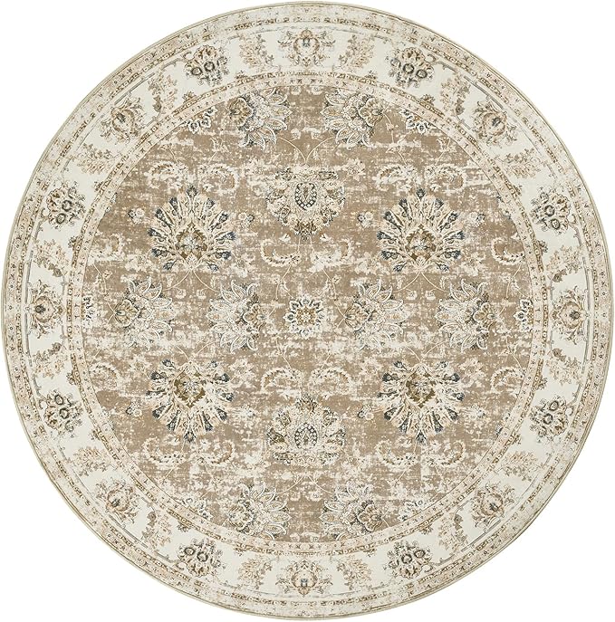 jinchan Fiora Round Rug 5ft Area Rug - Indoor Vintage Hallway Circle 5' Washable - Ultra-Thin Low Pile Soft Small Non Slip Distressed Floral Print for Living Room Dining Room Bedroom Entryway Taupe