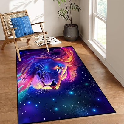 Galaxy Lion Rug 3D Fierce Lions Area Rugs for Kids Bedroom Living Room Playroom Gameroom Boys Glitter Carpet Throw Rugs Floor Mat 63 in x 31 in