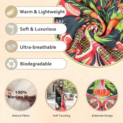 DANA XU 100% Merino Wool Extra Large Pashmina Blanket Travel Scarf Cashmere Wrap for Women Fall Winter Oversize Shawl Floral
