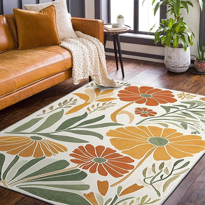 9CH Floral Botanical Aesthetic Area Rugs 7' X 5' Green Terracotta Abstract Flowers Plants Carpets Non-Slip Soft Boho Modern Rug for Bedroom Dining Living Room Kitchen
