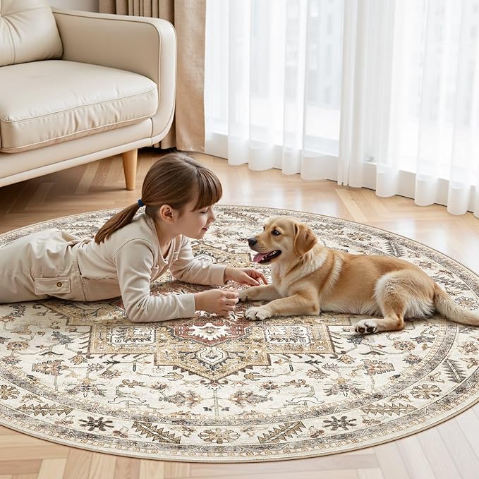 6ft Round Vintage Living Room Area Rug - 6x6 Large Soft Washable Oriental Traditional Distressed Farmhouse Rugs for Bedroom - Indoor Floor Accent Carpet for Home Office House Decor - Golden Taupe