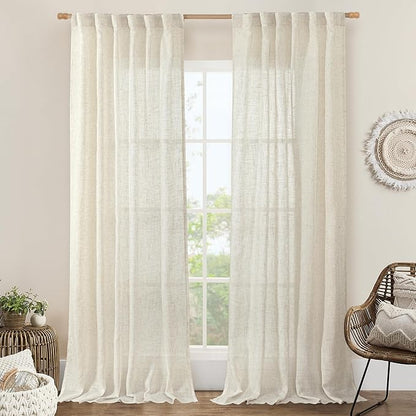 LAMIT 102 inch Long Linen Curtains 2 Panels for Living Room, Natural Cream Ivory Light Filtering Semi Sheer Linen Curtains Back Tab and Rod Pocket Neutral Drapes for Bedroom/Farmhouse, 52 x 102 Inch