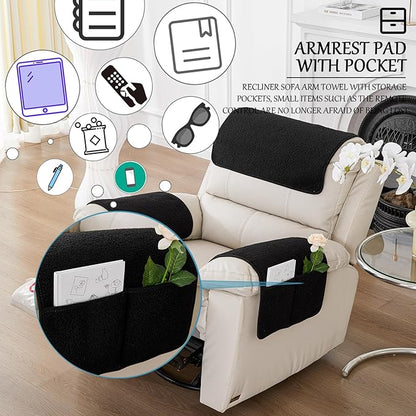 Armrest Cover, Recliner Chair Protector, Furniture Protector Slip, Side Storage Pocket, Stretch Armchair Couch Arm Rest Cover for Recliner, Chair, Sofa (Black,3 Seater(5pcs))