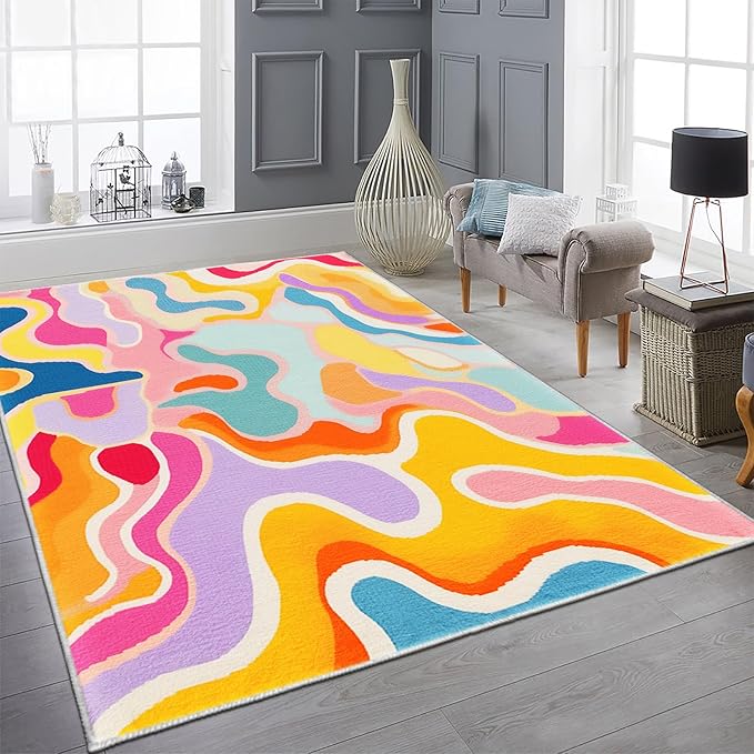 9CH Colorful Abstract Area Rug 7' X 5' 70s Aesthetic Colorful Striped Washable Faux Wool Rugs Non Slip Soft Cute Nursery Carpet for Girls Bedroom Dorm