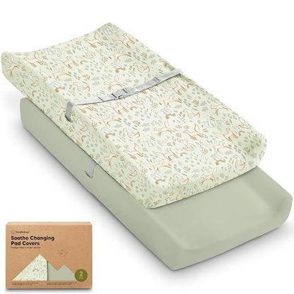2-Pack Organic Changing Pad Covers for Girl, Boy, Neutral - 100% Cotton Changing Table Pad Cover, Soft Baby Nursery Diaper Changing Pad Sheets, Contour Changing Pads Liners, Change Pad Cover (Foxtrot)
