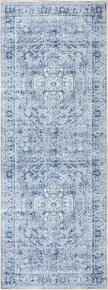 Bloom Rugs Washable Non-Slip 7 ft Runner - Ivory/Denim Blue Traditional Medallion Runner for Entryway, Hallway, Bathroom, and Kitchen - Exact Size: 2.5' x 7'