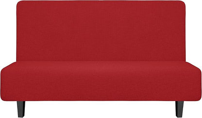 Easy-Going Stretch Futon Slipcover Armless Futon Bed Cover Furniture Protector Without Armrests with Elastic Bottom for Kids, Soft Jacquard Fabric Small Checks (Medium, Christmas Red)