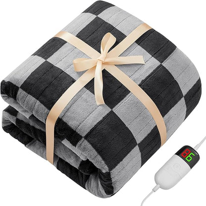 Heated Electric Blanket Twin Size, 62X84 Heating Blanket with 10 Heat Level & 8 Hours Auto Off, Black Gray Checkered Plaid Soft Fleece Sherpa Blankets Warmer Gifts for Couch Grandma Women Adults
