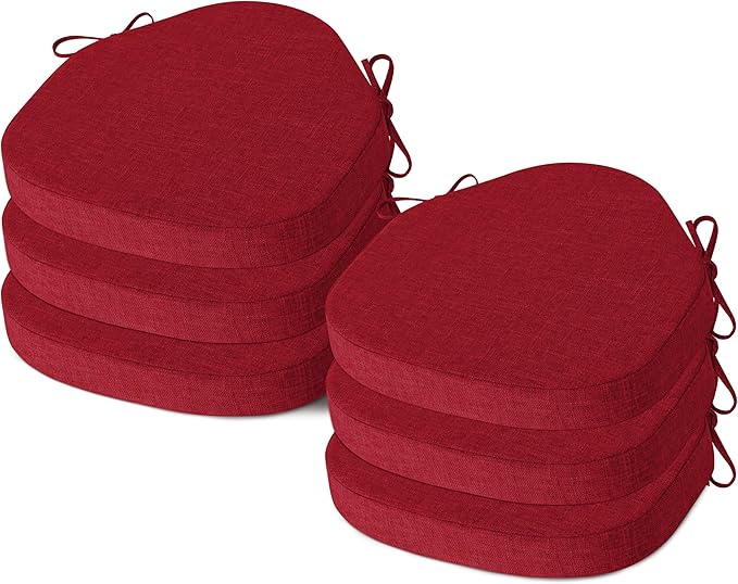 AddGrace Chair Cushions for Dining Chairs Set of 6 Windsor Kitchen Chair Cushions with Removable Textured Cover and Non Slip Bottom Indoor Chair Pads with Ties and Foam (16.5x15.5 Inches Red)