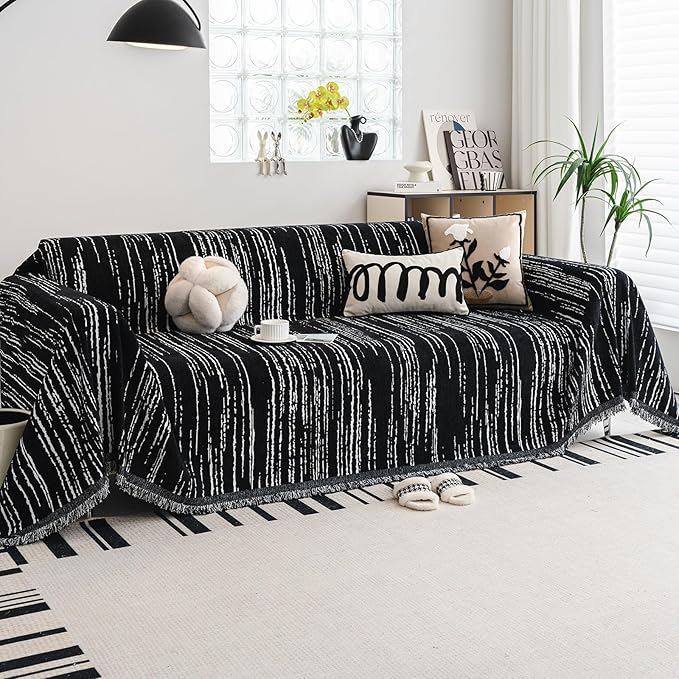 Chenille Couch Cover Pet Friendly, Sofa Cover Washable, Reversible Sofa Slipcover for Sectional Sofa, Loveseat, 2 or 3 Cushion Couch, Corner Sofa, Futon Cover (71" X 150", Black)