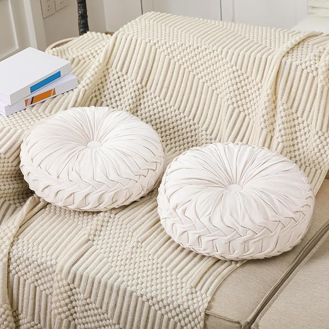4 Pcs Round Throw Pillows 15 Inch Decorative Velvet Pleated Pumpkin Floor Boho Pillows for Living Room Couch Chair Bed Sofa (White)