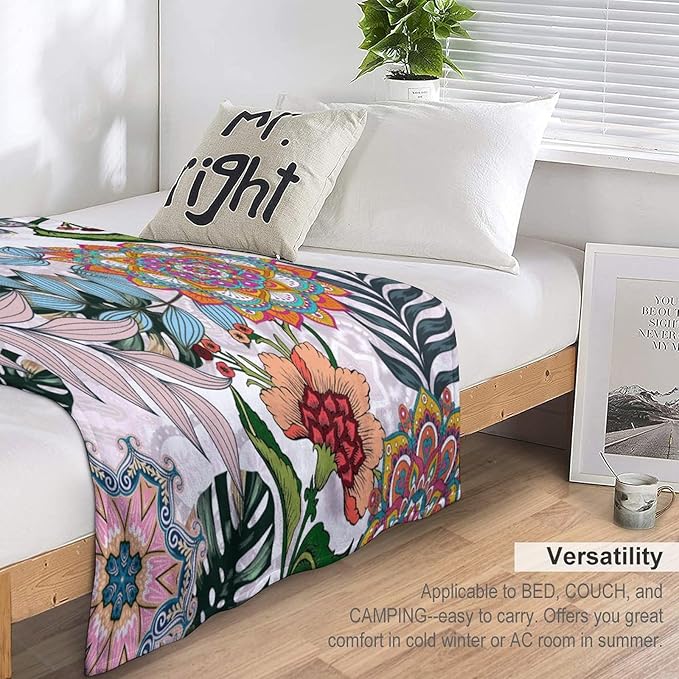 Boho Flowers Blanket for Women Girls, Rustic Bohemian Mandala Palm Leaves Plants Botanical Print Blanket for Bedroom Living Room Couch Sofa, 40"x50"