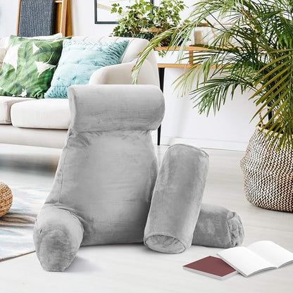 Nestl Reading Pillow with Shredded Memory Foam Includes 2 Neck and Lumber Support Pillows, Designed for Sitting Up in Bed and Couch, Back and Arms Adjustable Support for Adult & Teens, Light Grey
