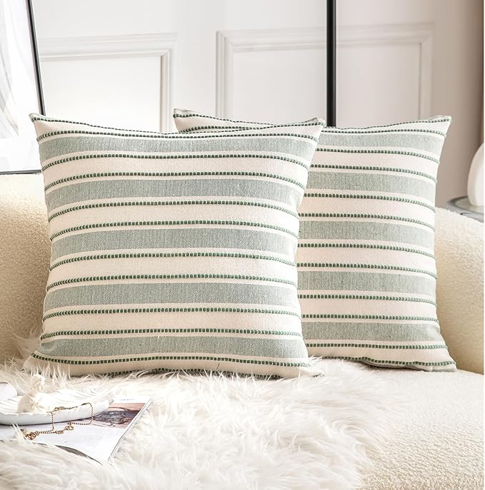 Decorative Boho Throw Pillow Covers, Farmhouse Textured Pillow Case, 22 x 22 Inch Set of 2, Chair Sofa Bedroom Living Room Home Decor Couch Cushion Case, Green and Beige Striped