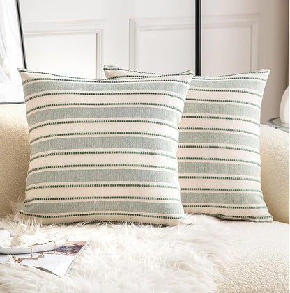 Decorative Boho Throw Pillow Covers, Farmhouse Textured Pillow Case, 22 x 22 Inch Set of 2, Chair Sofa Bedroom Living Room Home Decor Couch Cushion Case, Green and Beige Striped