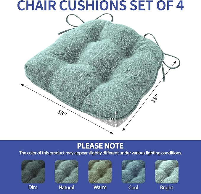 Chair Cushions for Dining Chairs Set of 4, Kitchen Chair Cushions, Chair Pads with Ties Non Slip Backing, Christmas Room Decor, Tufted Memory Foam Seat Cushion 4 Pack, 18"x18"x4", Sage Green