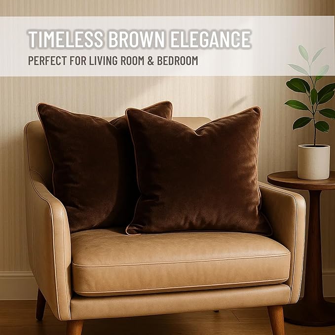 2 Pack Velvet Decorative Throw Pillow Covers, 20"x20", Brown and Camel, Solid, Modern, Contrast Piping, Indoor Use, Bedroom & Living Room