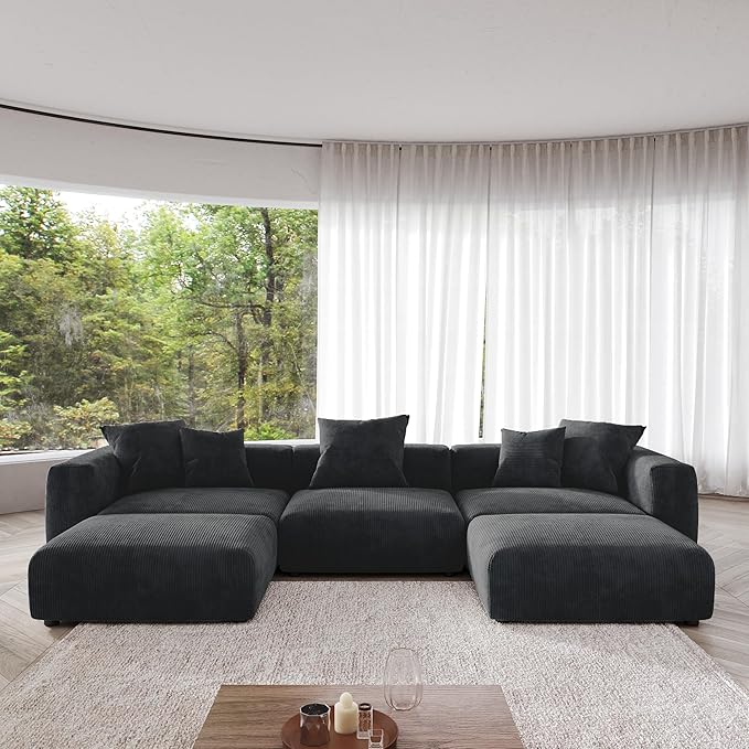 JACH 141" Oversized Modular Sectional Sofa, Deep 3-Seats Sectional Couch with Chaise Ottomans, Huge Plus Convertible Soft Sofas, Corduroy Minimalist Couches for Living Room, Apartment, Black