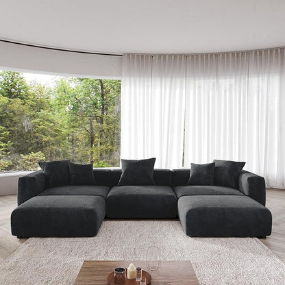 JACH 141" Oversized Modular Sectional Sofa, Deep 3-Seats Sectional Couch with Chaise Ottomans, Huge Plus Convertible Soft Sofas, Corduroy Minimalist Couches for Living Room, Apartment, Black