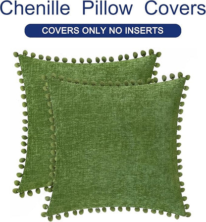 CaliTime Throw Pillow Covers Decorative 20 X 20 Inches Pack of 2 Cozy Solid Dyed Soft Chenille Cushion Cases with Pom Poms for Couch Sofa Bed Living Room Home Forest Green