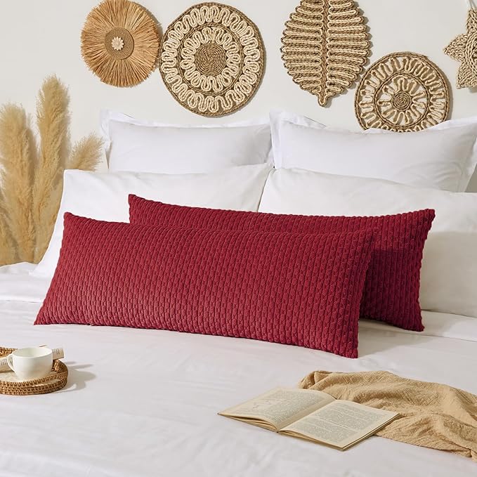 Kevin Textile 14x36 Inch Long Lumbar 1 Pack Boho Decorative Throw Pillow Cover Soft Striped Corduroy Rectangle Cushion Case Farmhouse Solid Color Accent for Living Room Couch Sofa Bed, Burgundy