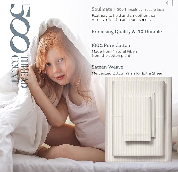 Mayfair Linen 100% Cotton Striped Sheets Full Size Bed Set - 500 Thread Count Damask Sheets Full Size 4 PC Set (Beige Stripe), Soft, Cooling, Sateen Weave Hotel-Quality 16" Deep Pocket Bedsheet