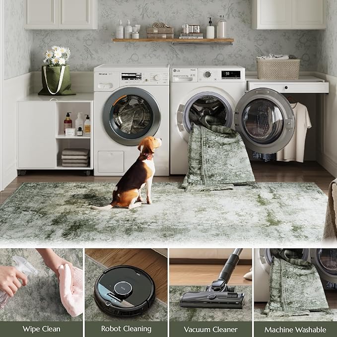 jinchan Green 5x7 Area Rugs - Machine Washable Vintage Floral Distressed Design Soft Low-Pile Non-Slip Christmas Carpet for Bedroom Nursery Living Room Dining Room Home Office (5x7ft, Forest Green)