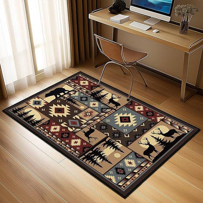 Rustic Rug for Bedroom,Cabin Wildlife Area Rug 3x5 Throw Carpet,Buffalo Plaid Bear Moose Deer Country,Ultra-Thin Washable Kitchen Rugs Indoor Entryway Rug Non Slip Floor Carpets for Living Room,Office
