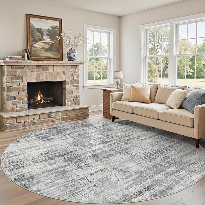 8ft Round Area Rug for Living Room: 8x8 Washable Neutral Abstract Modern Soft Rugs Non Slip Indoor Floor Stain Resistant Carpet for Bedroom Dining Room Office Nursery - Gray